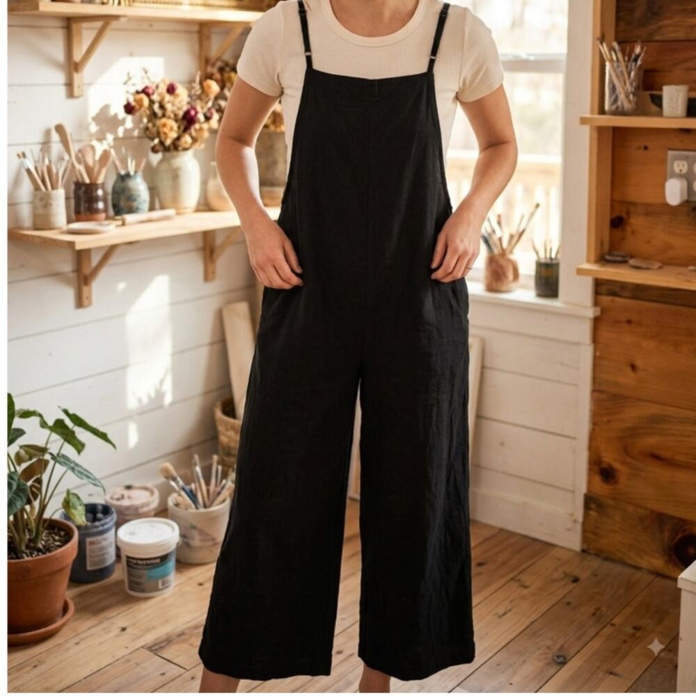 Aedvoouer Cotton linen oversized wide leg baggy overalls jumpsuit onepiece black